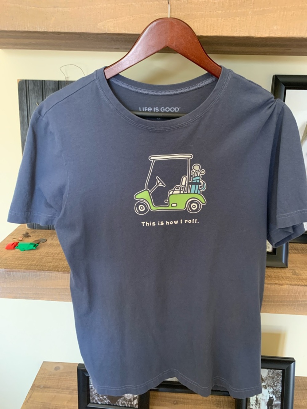 Life Is Good Navy T‑Shirt with Green Golf Cart Illustration